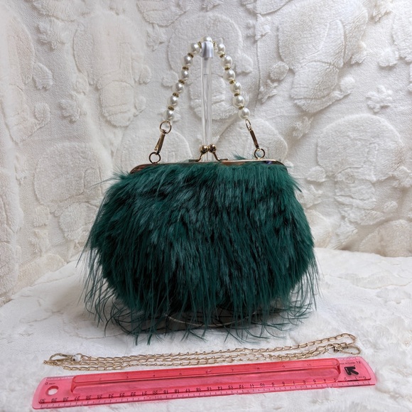 Handbags - Green Faux Fur Handbag with Pearl Strap